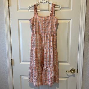 Madison Grey Salmon Pink/Orange Plaid 100%‎ Cotton Tiered Midi Dress, Sz Large